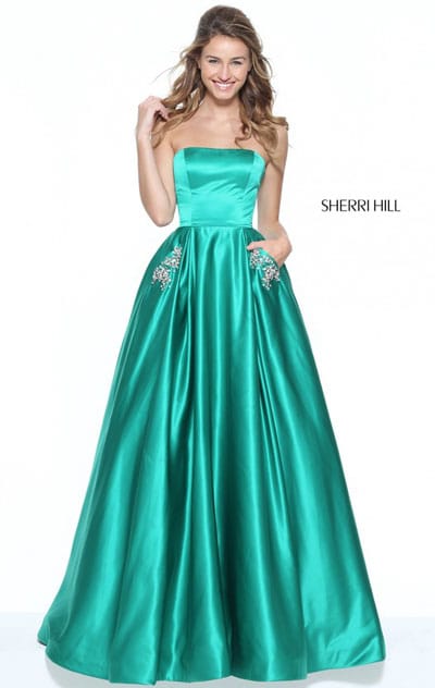 2017 Beaded Pockets Sherri Hill 50812 Satin Long A Line Prom Dresses Emerald