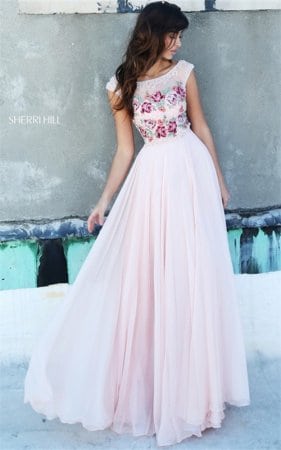 2017 Blush Floral Embellished Sherri Hill 51249 Cap Sleeves Party Dress