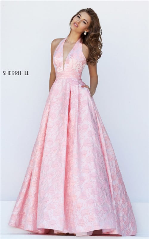 Sherri Hill 50430 Pink Print Plunged Halter Style Cutout Back Long Evening Gown Spring 2017