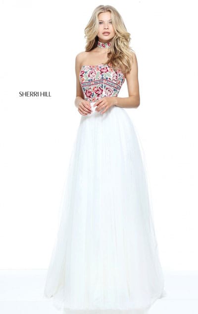 2017 Strapless Ivory/Multi Embroided Sherri Hill 50873 Long Chiffon Prom Dress