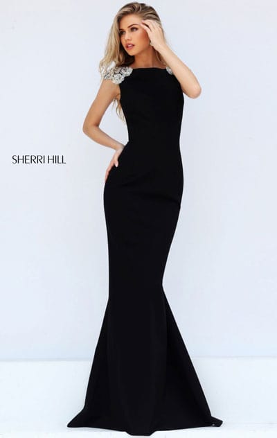 Open Back 2017 Sherri Hill 50593 Beaded Cap Sleeves High Neckline Black Long Jersey Prom Dresses