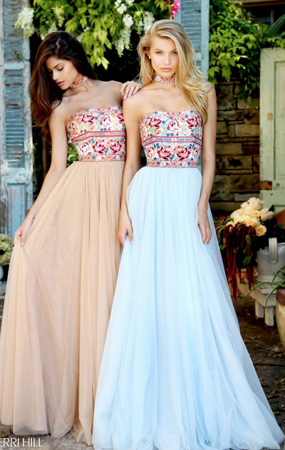 Light Blue/Multi Embroided Sherri Hill 50873 A Line Long Chiffon Ball Gowns 2017