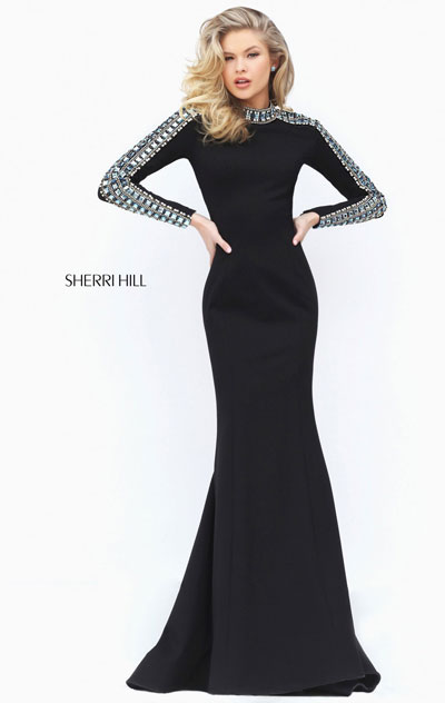 Jeweled Long Sleeves High Neckline 2017 Black Open Back Sherri Hill 50611 Long Jersey Evening Dresses