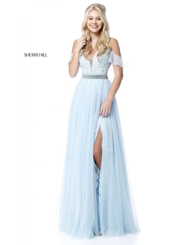 Light Blue Cap Sleeve 2018 Sherri Hill 51656 Beaded Waist Long Tulle Ball Gowns