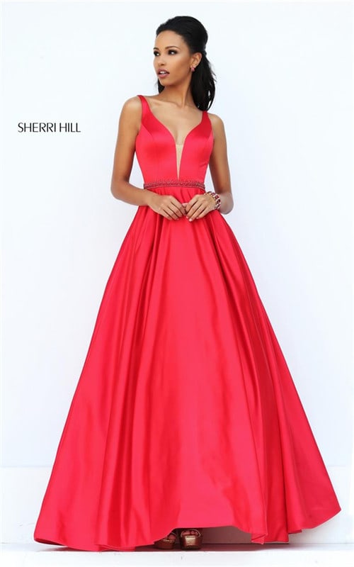 Spring 2017 Cheap Sherri Hill 50496 Beading Plunged Red Evening Gown Long
