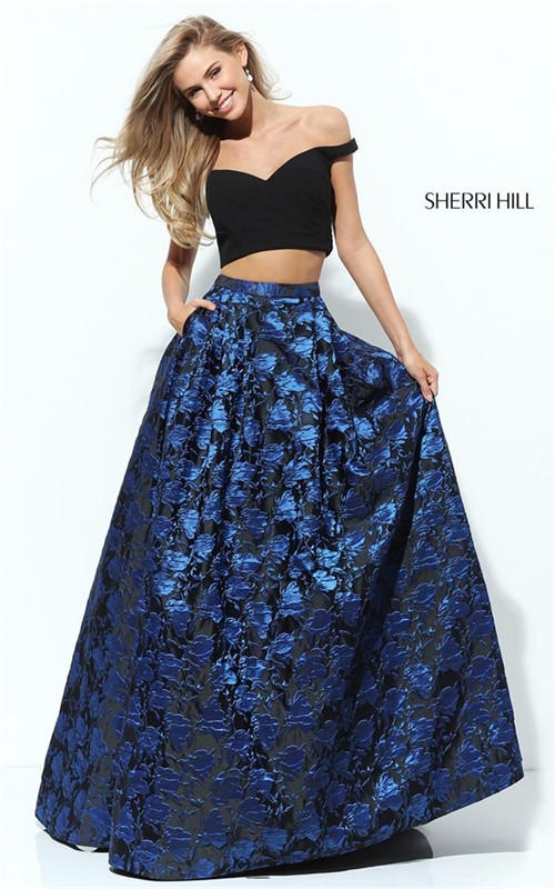 Spring 2017 Print Sherri Hill 50572 Off Shoulder Black/Royal Two Piece Evening Gown