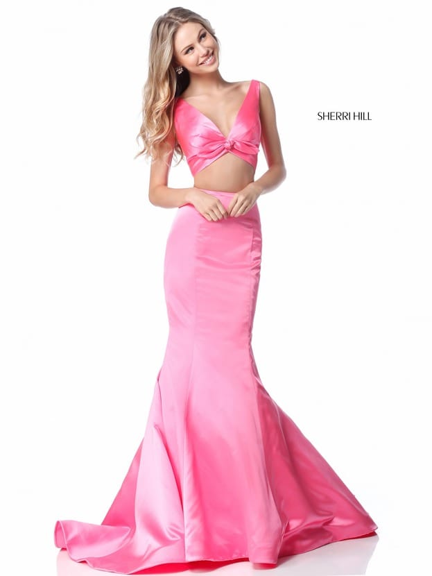 Candy Pink V Neckline Sherri Hill 51712 Two Piece 2018 Long Satin Prom Dresses