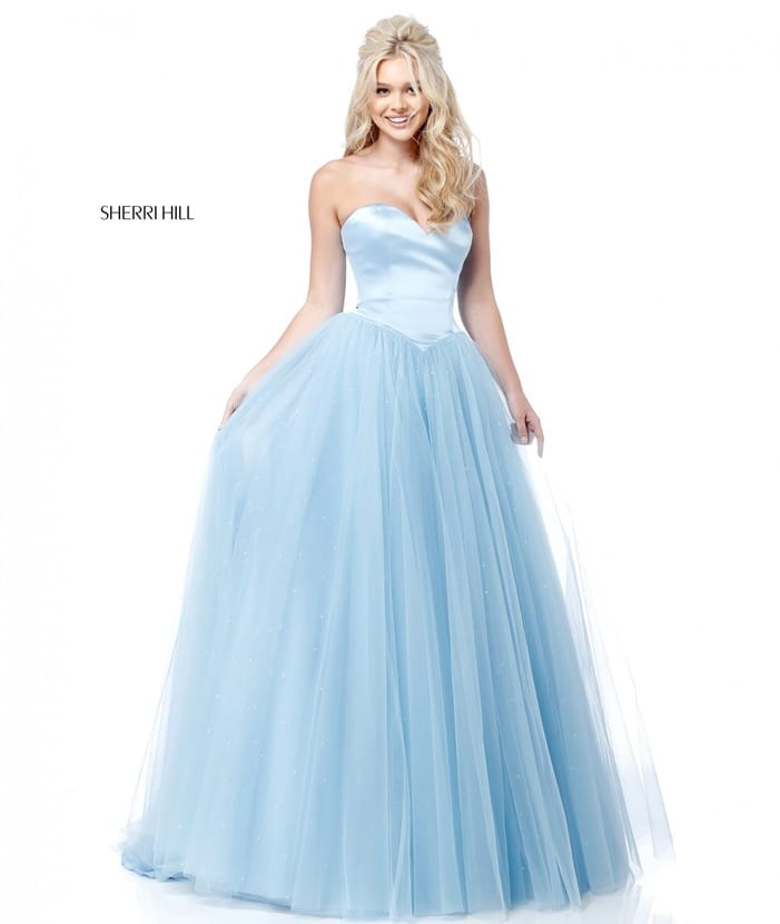 Sherri Hill 51728 Satin Bodice Strapless Light Blue 2018 Long Tulle Evening Gowns