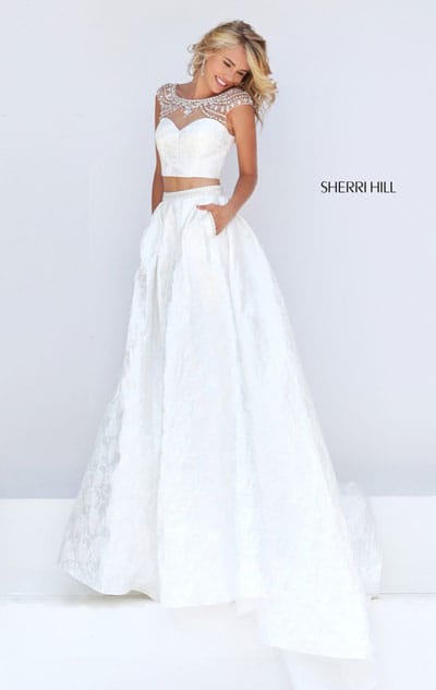 Two Piece Beaded Neckline Printed Patterned Sherri Hill 50197 Cap Sleeves Ivory 2016 Long Satin Prom Dresses