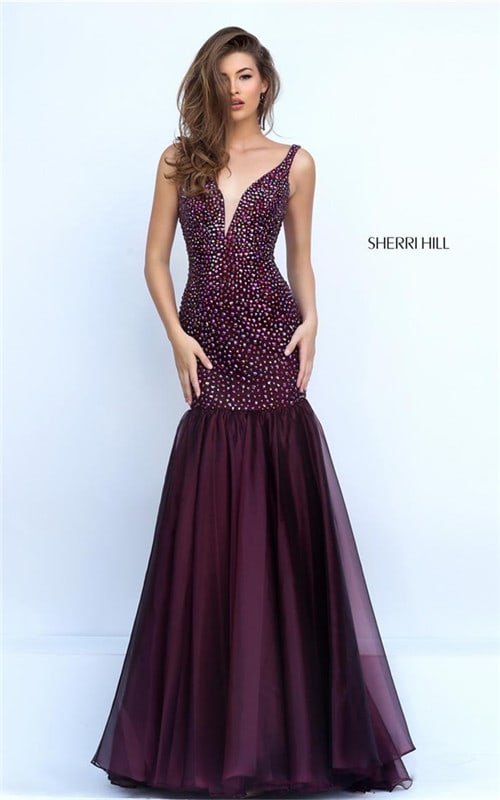 Wine Embellished Beads V-Neck Low Back Fitted Mermaid Dress From Sherri Hill 11324