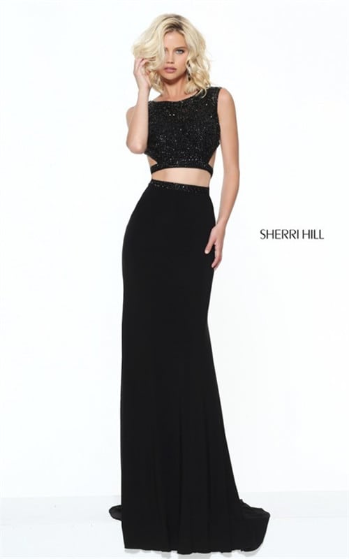 2 Piece Princess Crystals Sherri Hill 50805 Fitted Halter Sexy Black Long Dress