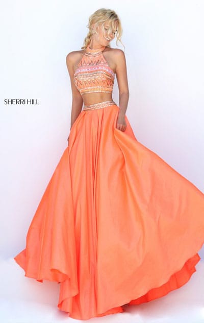 Orange Halter High Neckline Sherri Hill 50310 Two Piece Beaded Embellishments 2016 Long Satin Prom Dresses