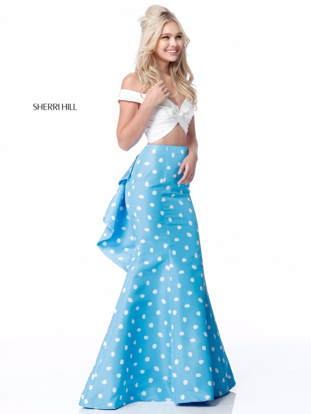 Sherri Hill 51865 Off The Shoulder 2018 Ivory/Blue Long Satin Party Dress 2 Piece