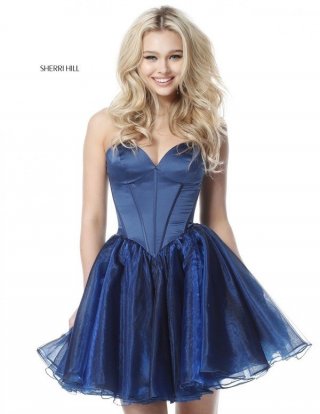 Navy Sherri Hill 51582 Organza Cocktail Dresses 2018 Sweetheart Neckline [Sherri Hill 51582 Navy] - $200.00