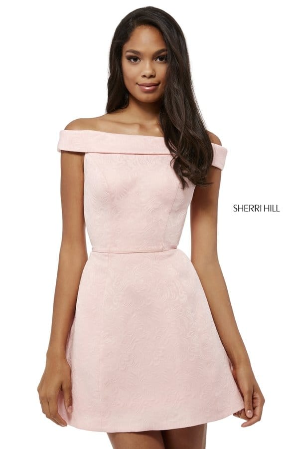 Blush 2018 Sherri Hill 52336 Brocade Homecoming Gowns Off The Shoulder [Sherri Hill 52336 Blush] - $220.00