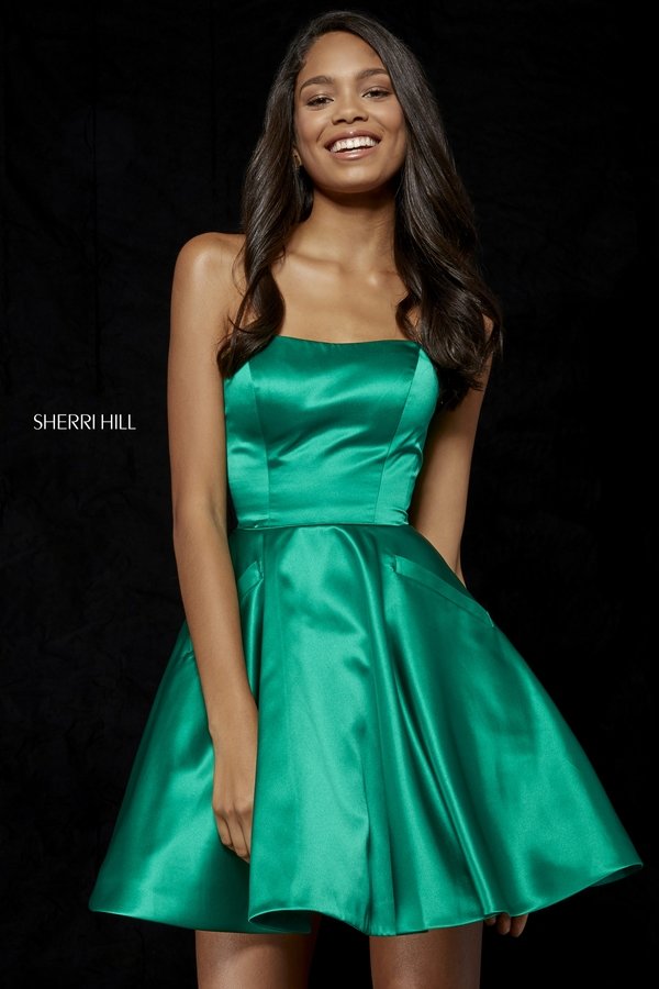 Strapless 52397 Sherri Hill Emerald 2018 Satin Homecoming Dresses A-Line [Sherri Hill 52397 Emerald] - $180.00