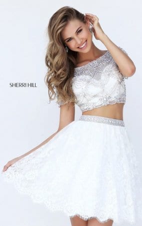 2017 Sherri Hill 50818 Ivory Beaded Cap Sleeves 2 Piece Short Lace Prom Dress [Sherri Hill 50818 Ivory] - $222.00