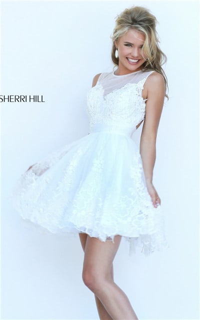 2017 White Sherri Hill Style 50311 Appliqued Open Back Prom Dress Mini [White Sherri Hill 50311] - $178.00