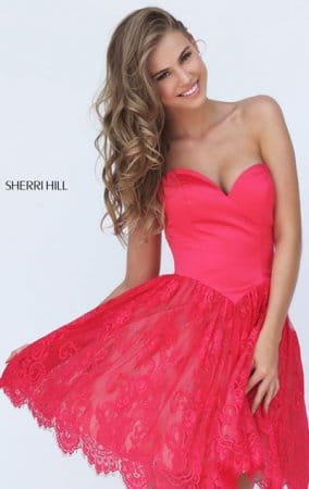 2017 Sherri Hill 50845 Red Lace Sweetheart Neck Satin Homecoming Dresses [Sherri Hill 50845 Red] - $185.00