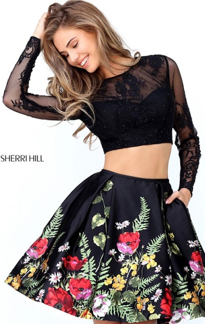 Lace Long Sleeve 2 Piece Sherri Hill 50777 Black/Multi Short Printed Cocktail Dresses [Sherri Hill 50777 Black] - $210.00