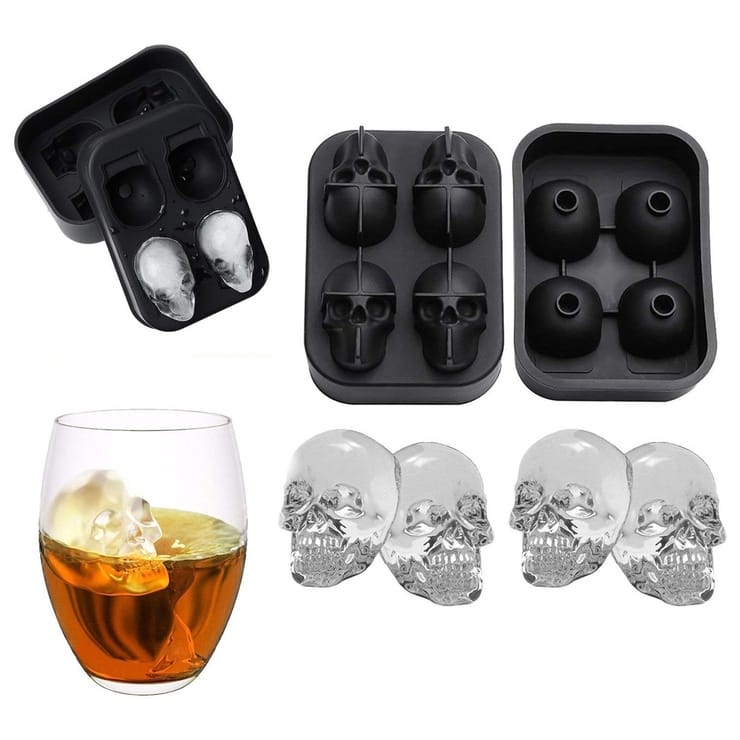 3D Skull Flexible Silicone Ice Cube Mold Tray, Makes Four Giant Skulls, Round Ice Cube Maker, Black- Pack of 1