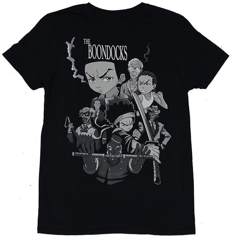 Drovion Men's Black The Boondocks Character Cast Fighting Collage T-Shirt