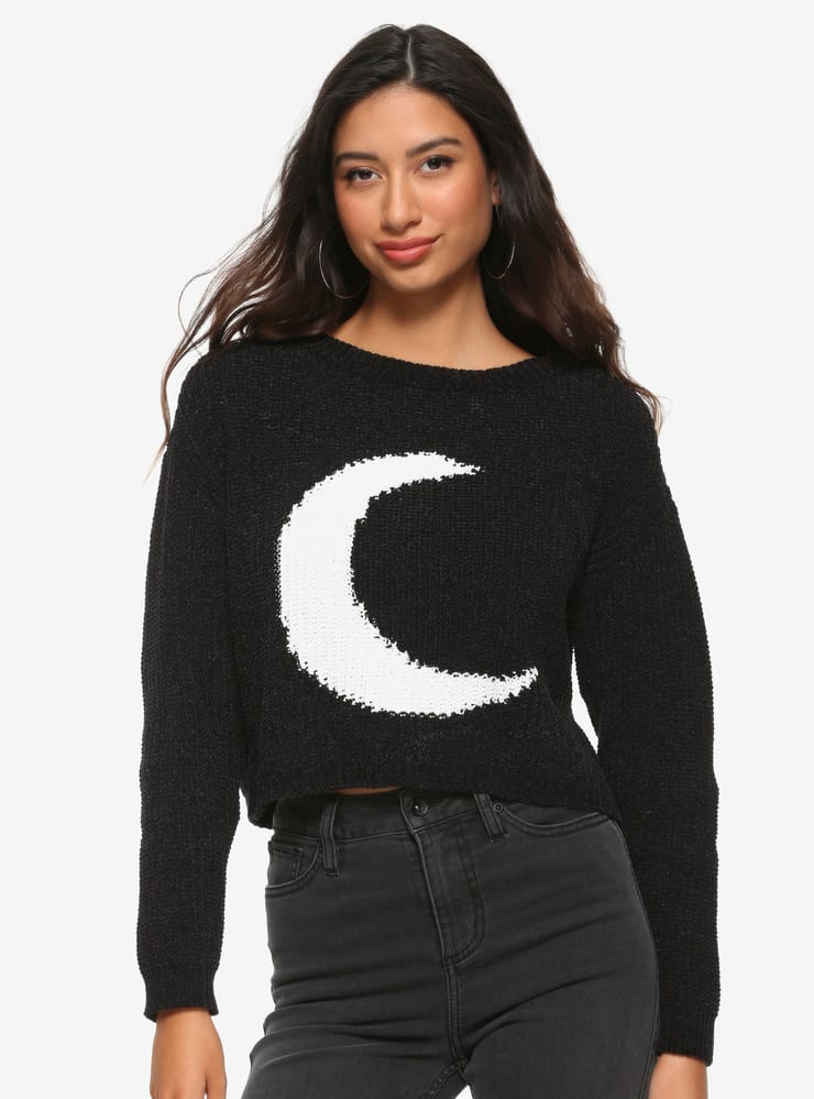 Black & White Crescent Moon Girls Crop Sweater