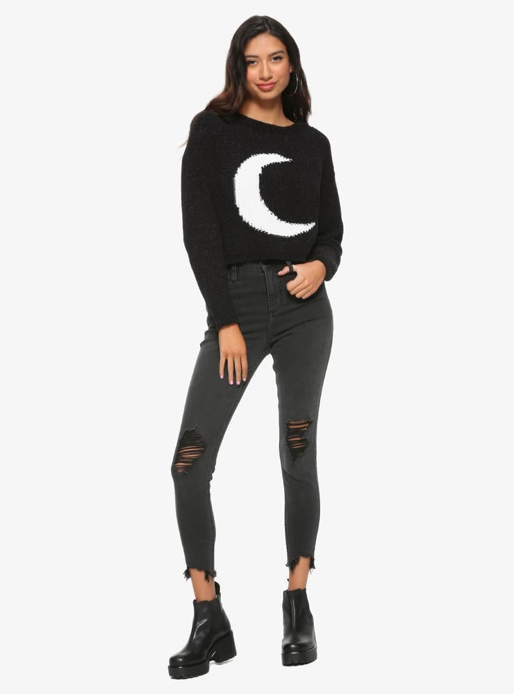 Black & White Crescent Moon Girls Crop Sweater