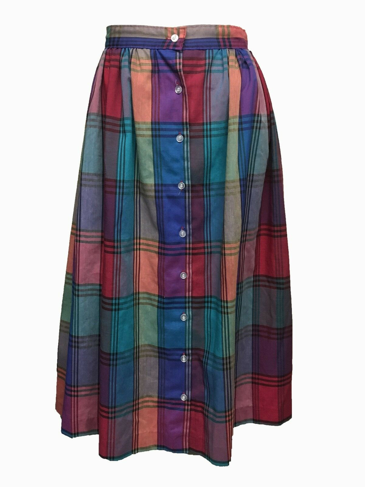 Pastel plaid pink blue button up VTG maxi full swing skirt Small excellent
