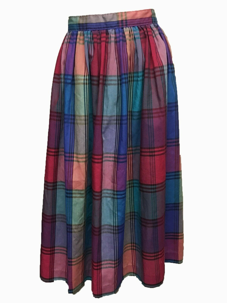 Pastel plaid pink blue button up VTG maxi full swing skirt Small excellent
