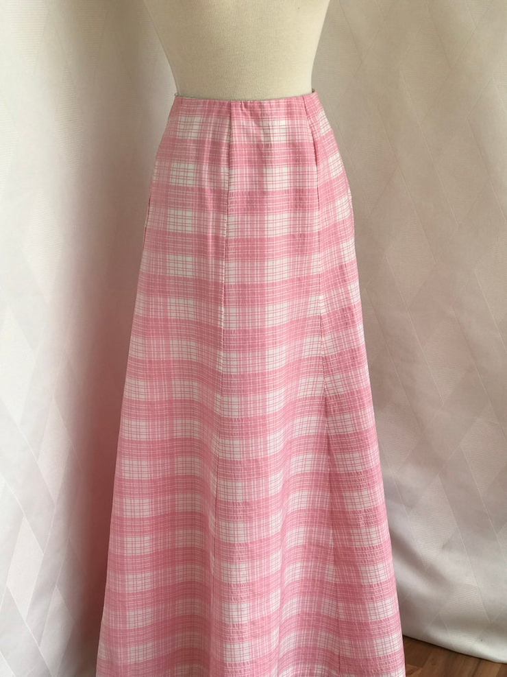 Vintage 1970s Pink Plaid A Line Maxi Skirt Size 9/10