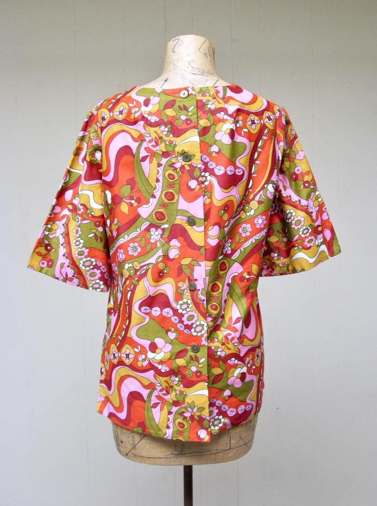 Vintage 1960s Blouse, 60s Psychedelic Cotton Sateen Top, Medium