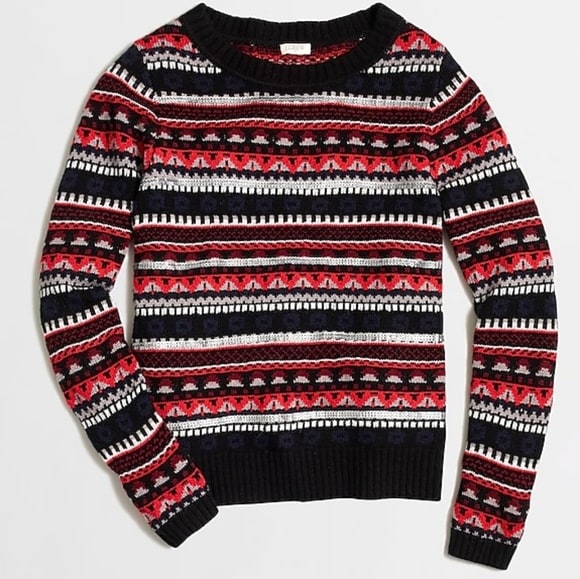 J. Crew Sequined Fair Isle Sweater Red Wool Blend