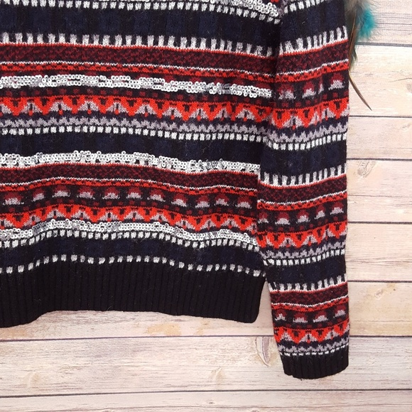 J. Crew Sequined Fair Isle Sweater Red Wool Blend