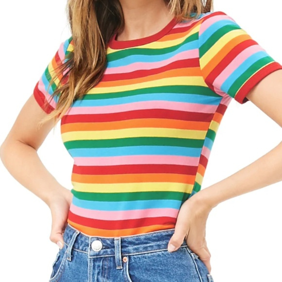 Forever 21 Rainbow Multi-striped Ringer Tee Size L