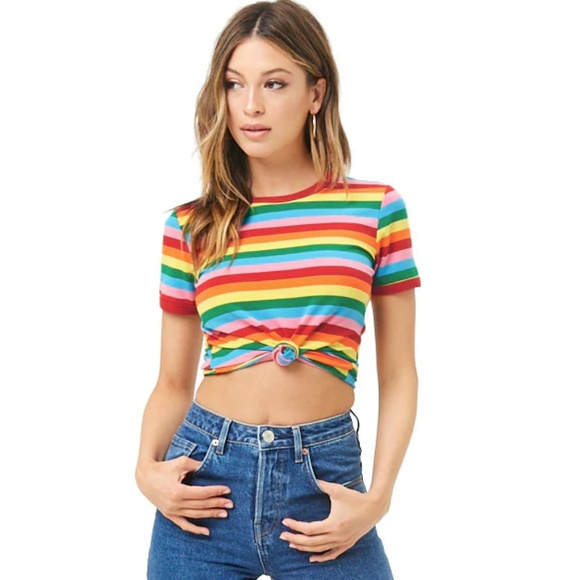 Forever 21 Rainbow Multi-striped Ringer Tee Size L