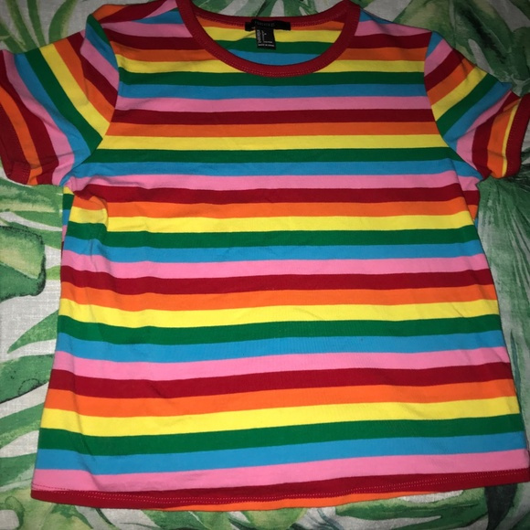 Forever 21 Rainbow Multi-striped Ringer Tee Size L
