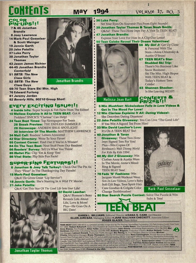 TEEN BEAT May 1994 - Mark-Paul - Jonathan Brandis - 90210 - Jeremy Jordan