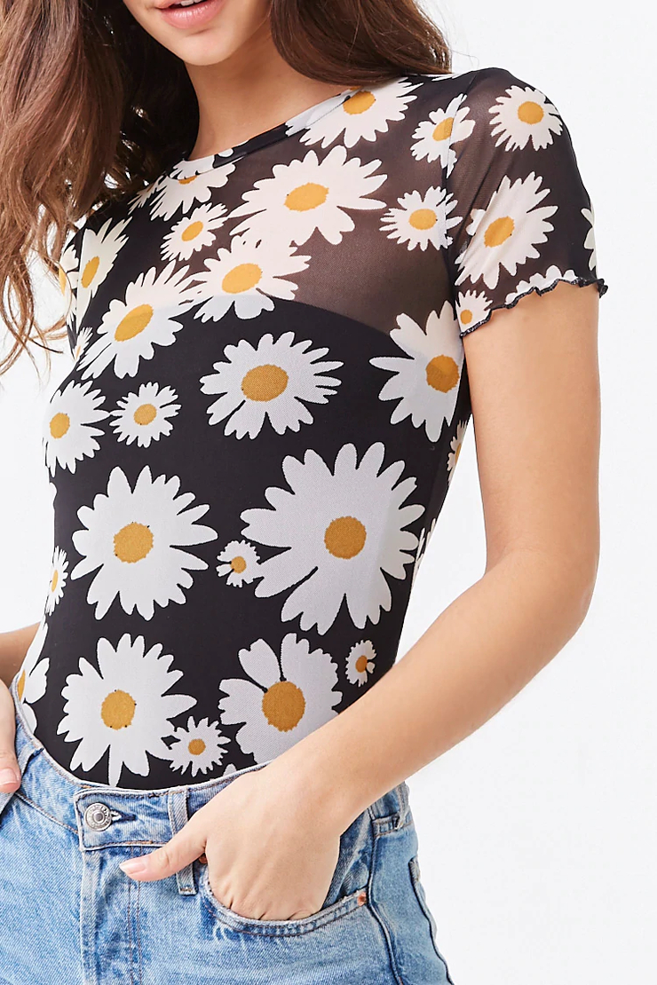 Sheer Mesh Daisy Print Tee