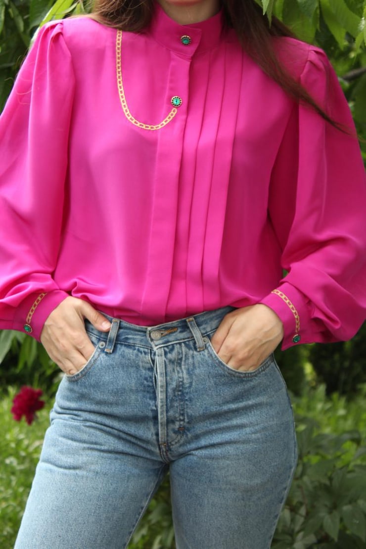 80's vintage fuchsia shirt blouse with long sleeves size 38 UK 12 40 purple magenta blouse Elegant Long Sleeve Vintage Blouse Collar Shirt