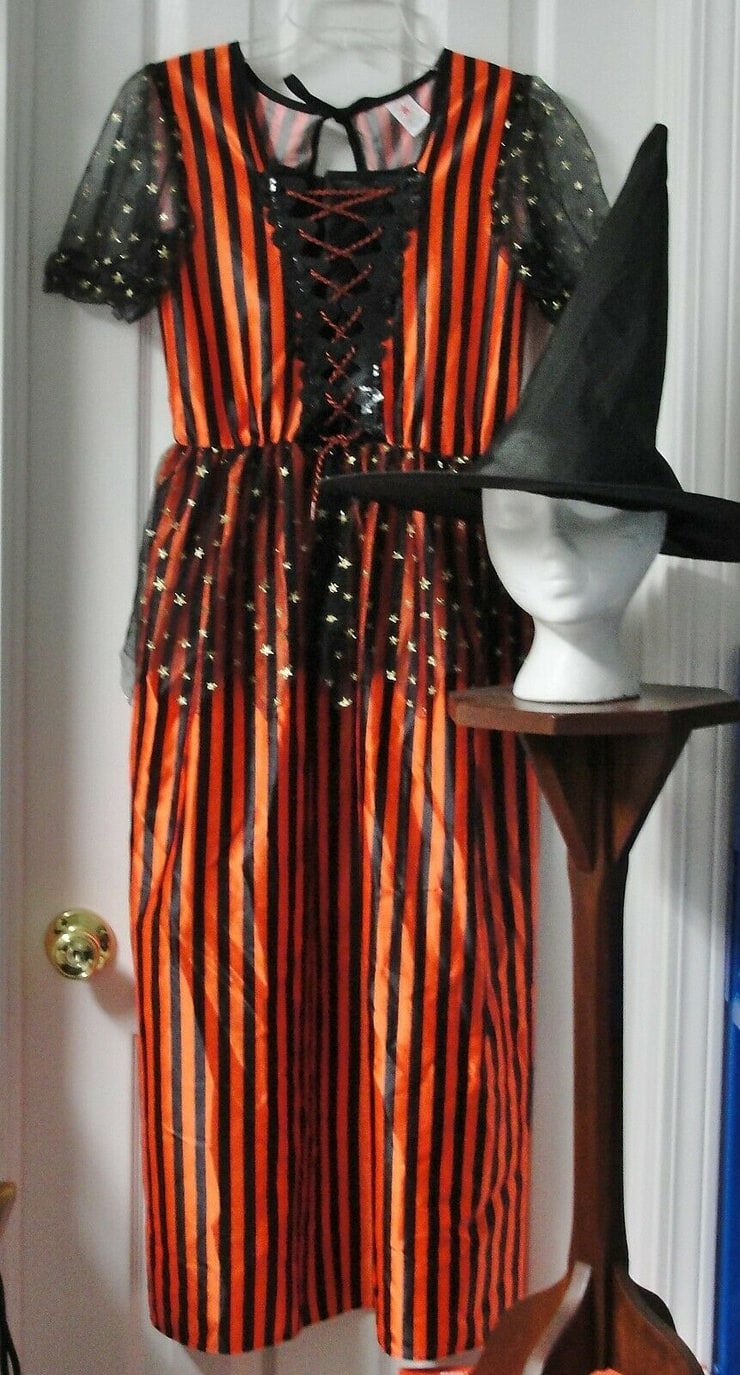 Girls Large Witch Halloween Costume Dress Orange & Black with Hat NWOT