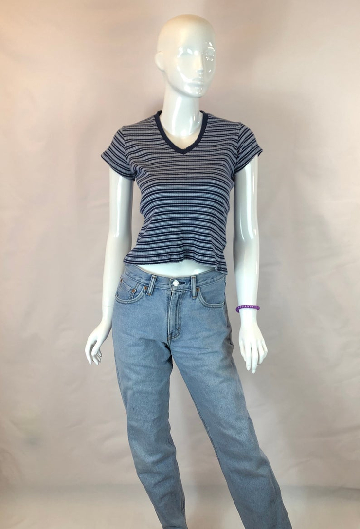 90s blue striped shirt/ribbed top/blue v neck 90s tight | Etsy