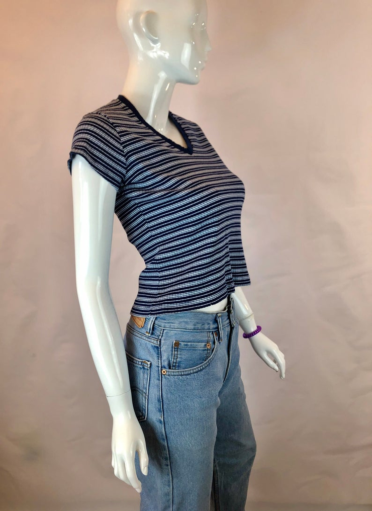 90s blue striped shirt/ribbed top/blue v neck 90s tight | Etsy