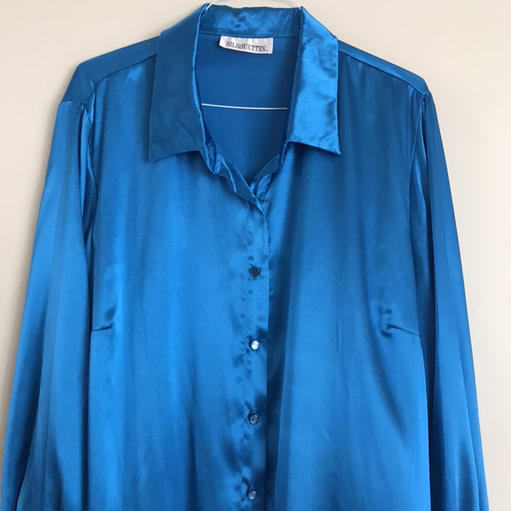 Beautiful 90s vintage royal blue satin shine silky feel polyester shirt by silhouettes