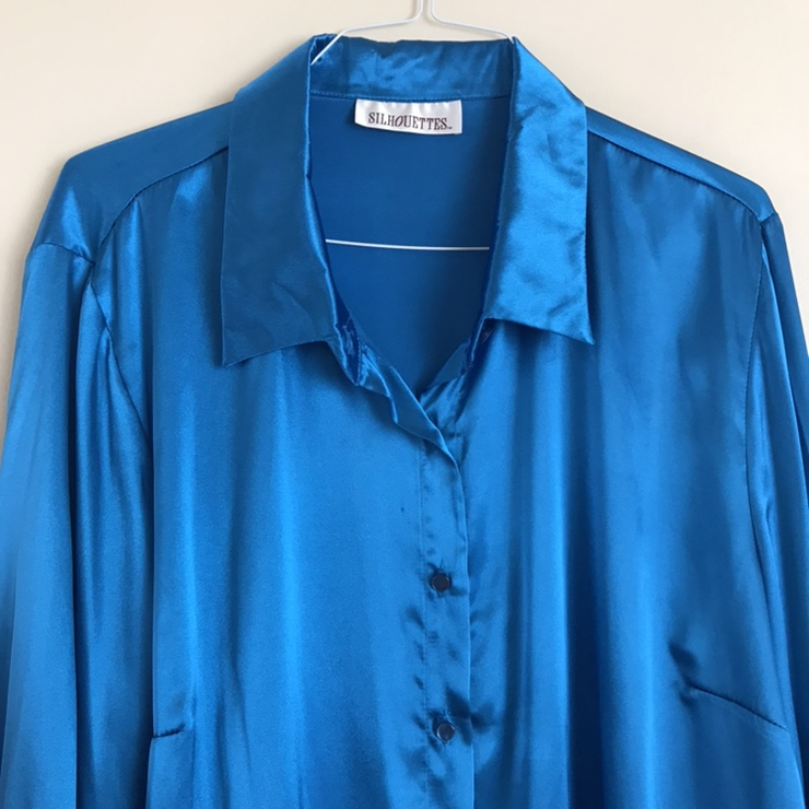 Beautiful 90s vintage royal blue satin shine silky feel polyester shirt by silhouettes
