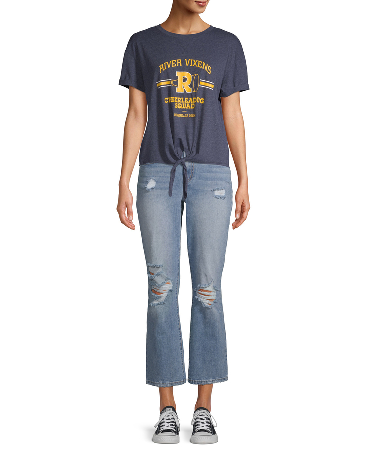 Riverdale Juniors' Cuff Sleeve Tie Front Graphic T-Shirt