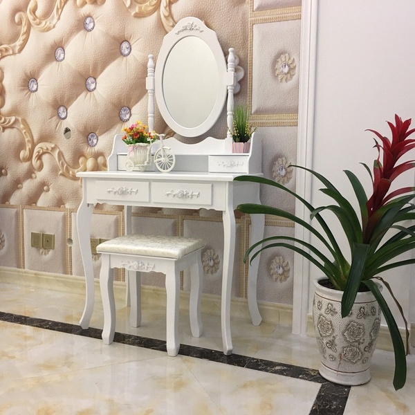 Vanity Table Set with Oval Mirror/4 Drawers,Wood Makeup Dressing Table Bathroom and Cushioned Stool,White