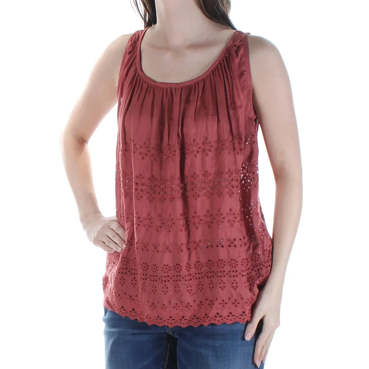 LUCKY BRAND $99 Womens New 1307 Orange Eyelet Jewel Neck Sleeveless Top S B+B