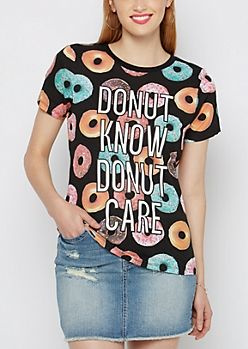 Women's Freeze Donut Know Donut Care Black Tee T-Shirt Top Sizes S, M, L