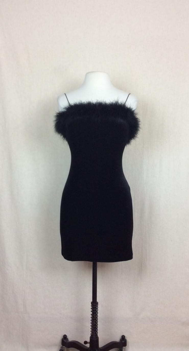 Vintage Feather Trim Dress // 1990s All That Jazz dress black velvet dress feather boa dress boudoir dress little black dress mini dress XS